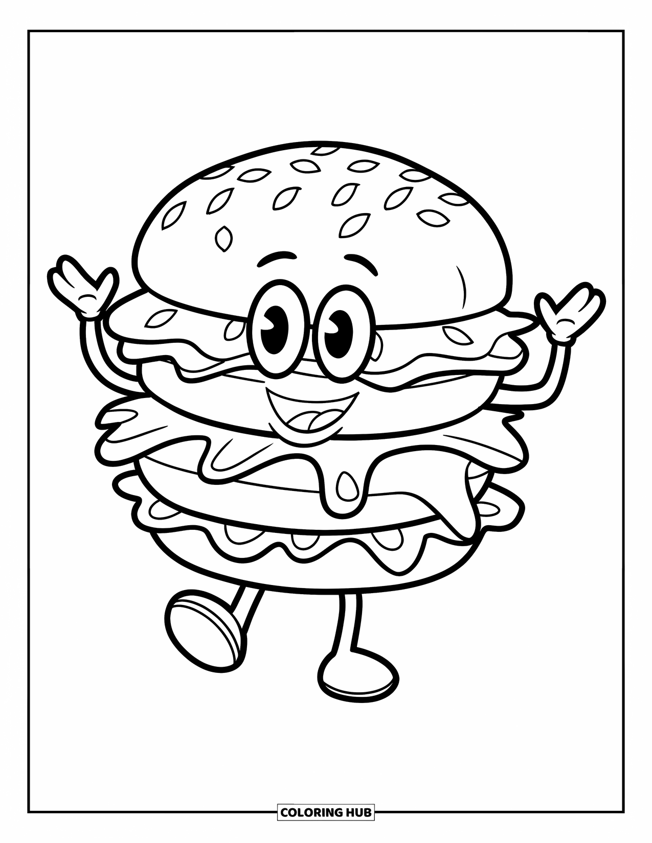 Cheeseburger Coloring Page for Kids: A happy cartoon cheeseburger with arms and legs waving joyfully