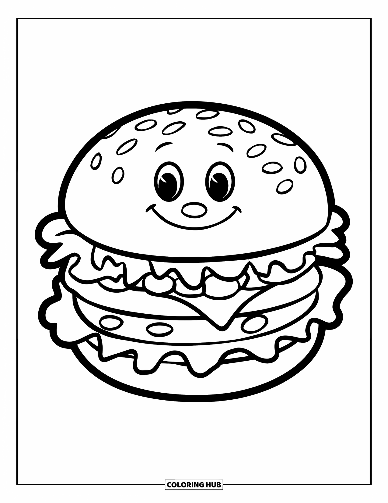 Cheeseburger Coloring Page for Kids: A happy cheeseburger with lettuce, cheese, and tomato on a plain background