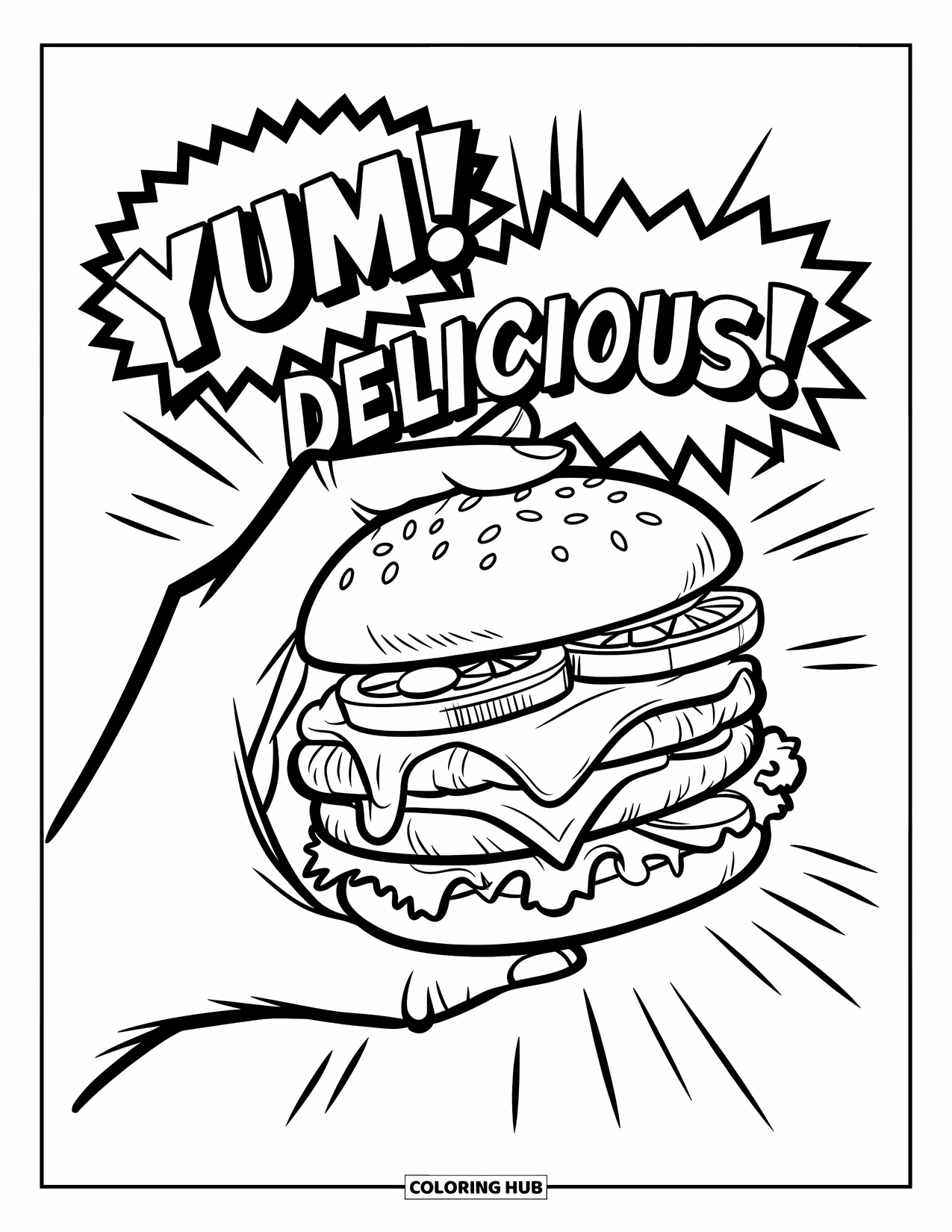 Cheeseburger Coloring Page for Kids: A juicy cheeseburger held in a hand with dynamic lines and fun comic text