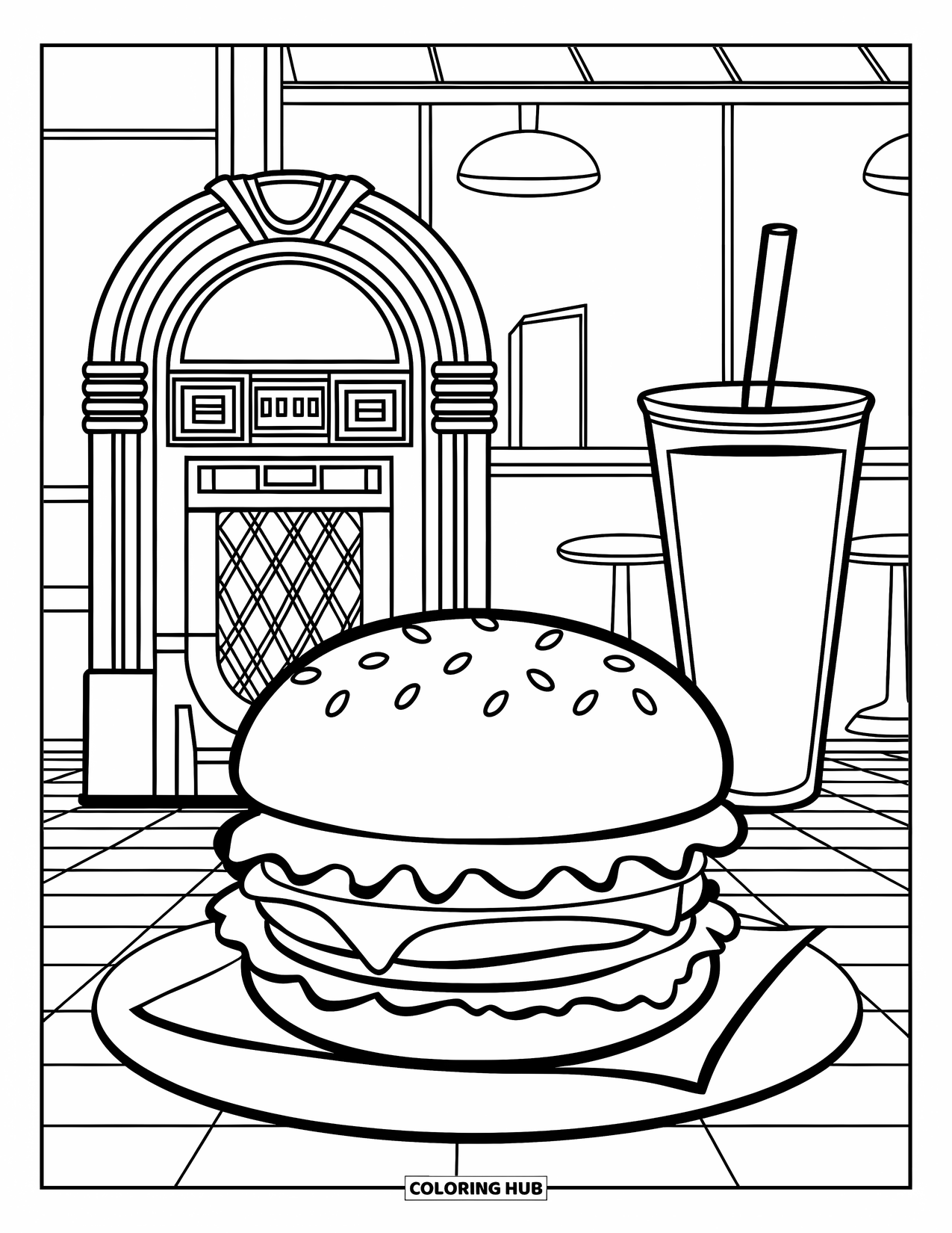Cheeseburger Coloring Page for Kids: A retro diner scene featuring a cheeseburger, a jukebox, and a soda fountain cup