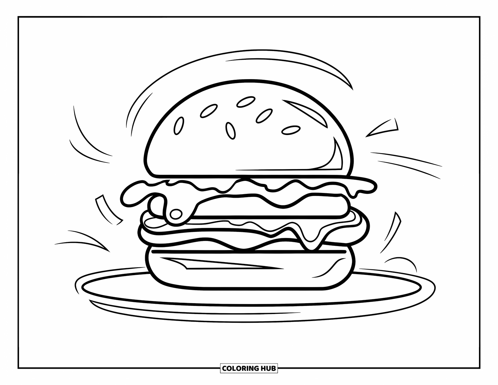 Cheeseburger Coloring Page for Kids: A sign-style cheeseburger with dynamic lines and a trendy design