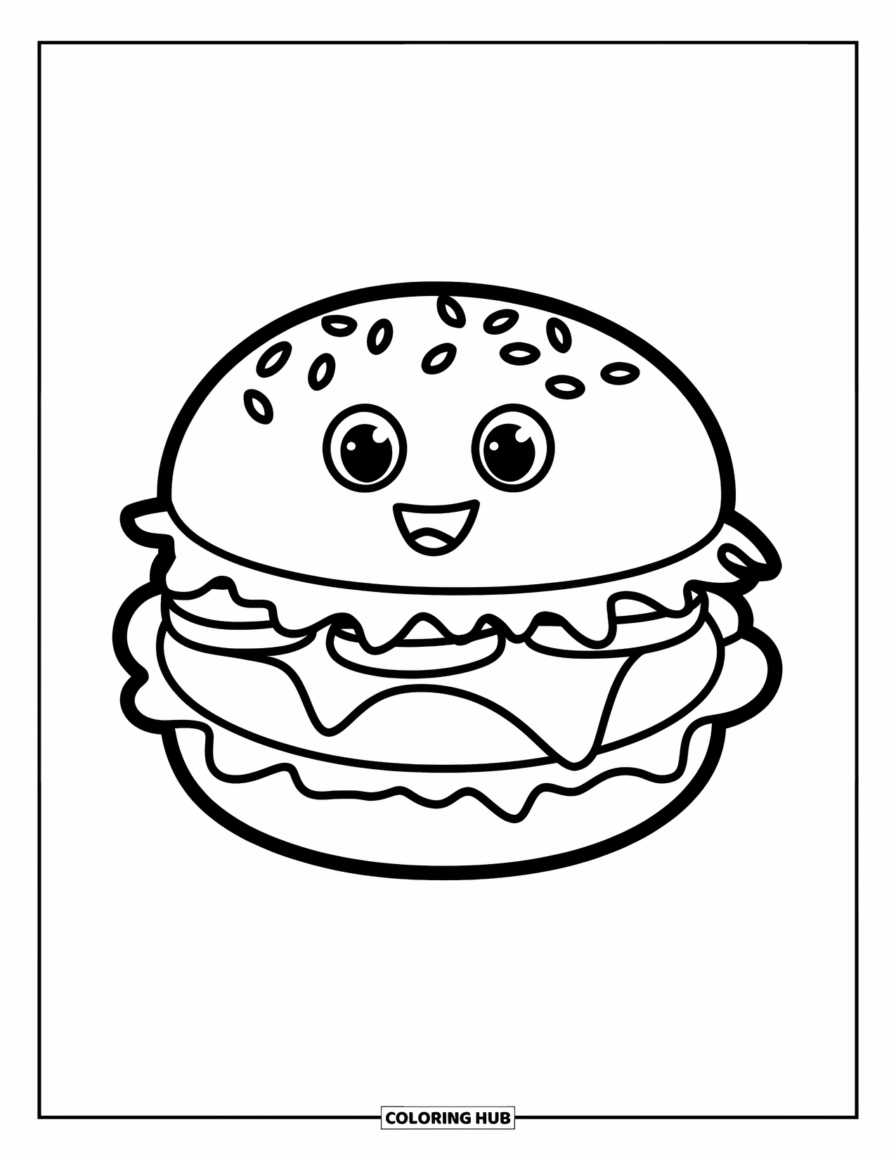 Cheeseburger Coloring Page for Kids: A smiling cheeseburger with lettuce, cheese, and tomato on a plate