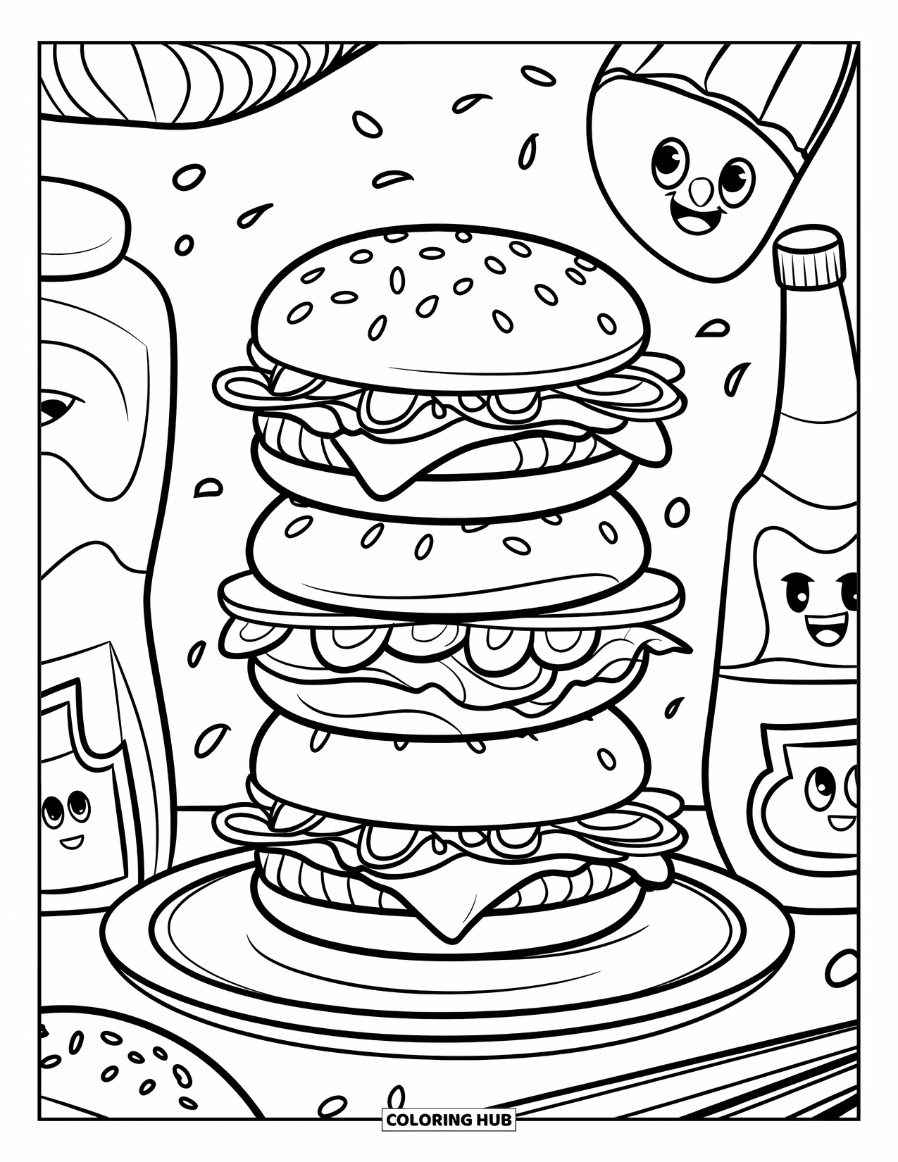 Cheeseburger Coloring Page for Kids: A stack of cheeseburgers on a plate with happy condiments and whimsical elements