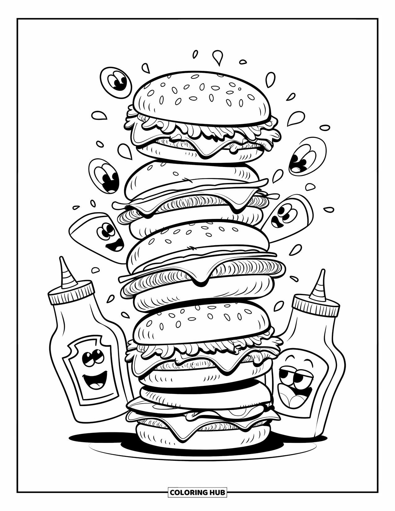 Cheeseburger Coloring Page for Kids: A stack of cheeseburgers with fun elements like ketchup bottles and happy condiments