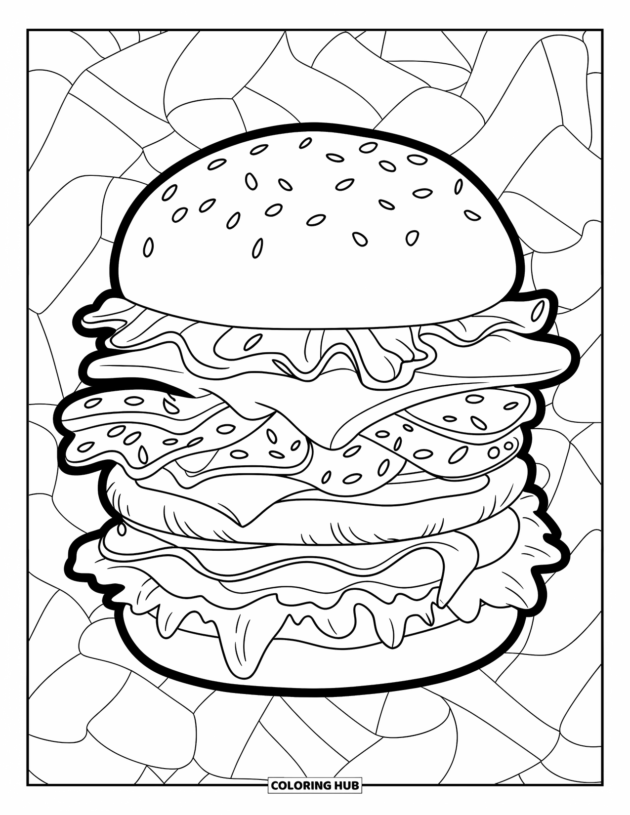 Cheeseburger Coloring Page for Kids: A stacked cheeseburger with bold toppings set against a stylish background