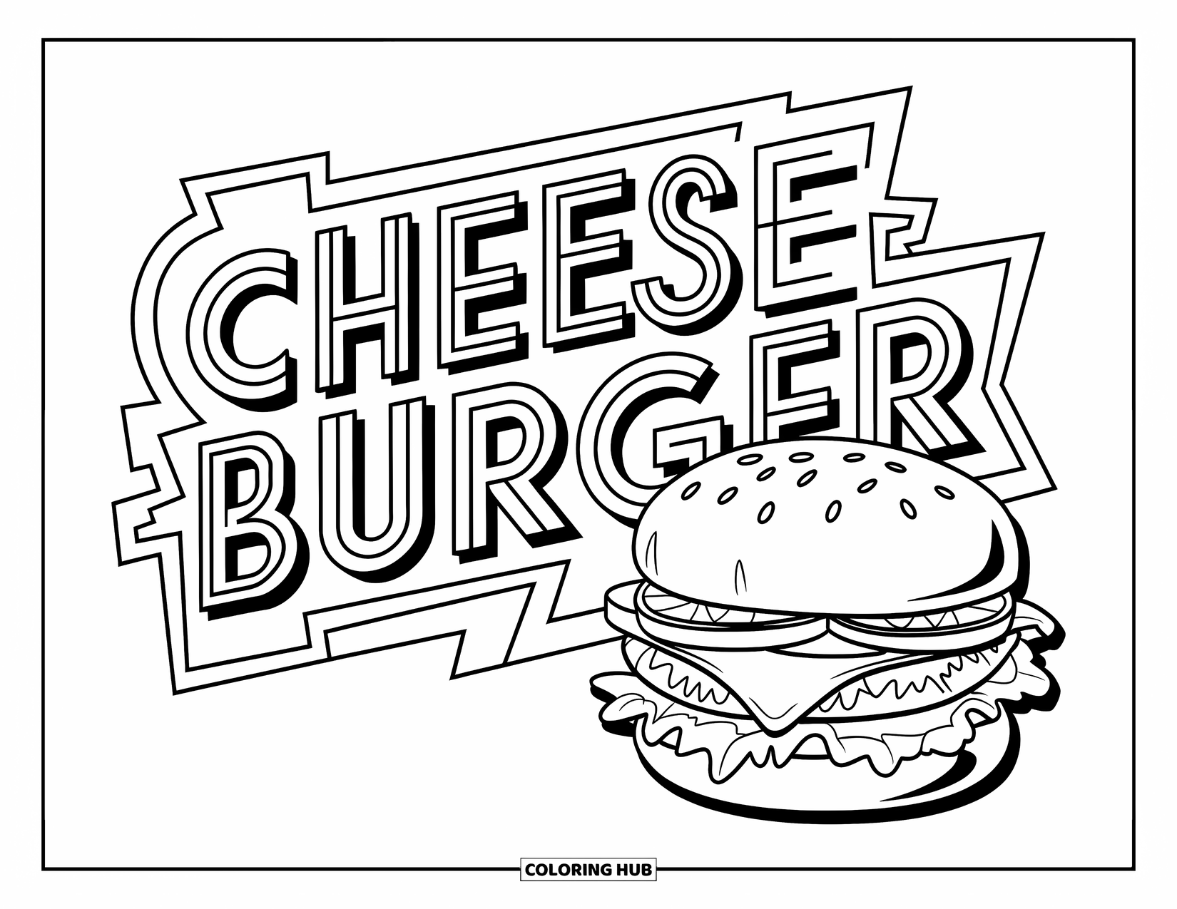 Cheeseburger Coloring Page for Kids: A stylized cheeseburger with bold text and dynamic shapes in a trendy aesthetic