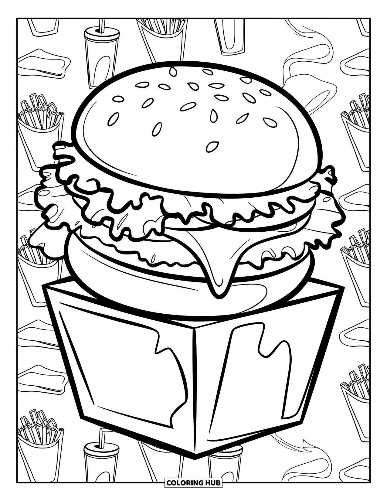 Cheeseburger Coloring Page for Kids: A takeout burger with melted cheese and lettuce, surrounded by fries and a soda