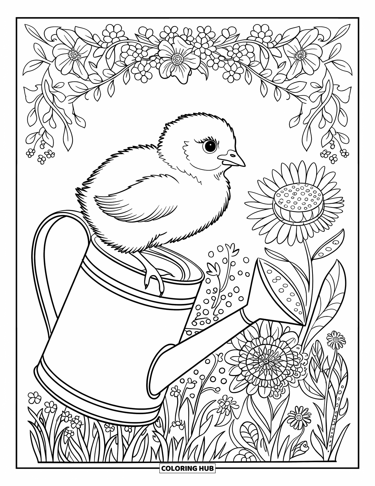 Kleurplaat Kuiken voor Volwassenen: Een kuiken rust op een gieter met bloemen met patroon en bladerige stelen eromheen
