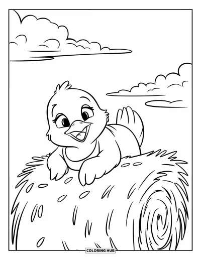 Tiputusvärityskuva lapsille: Sinipaitainen tipunen makaa heinällä katsellen pilviä