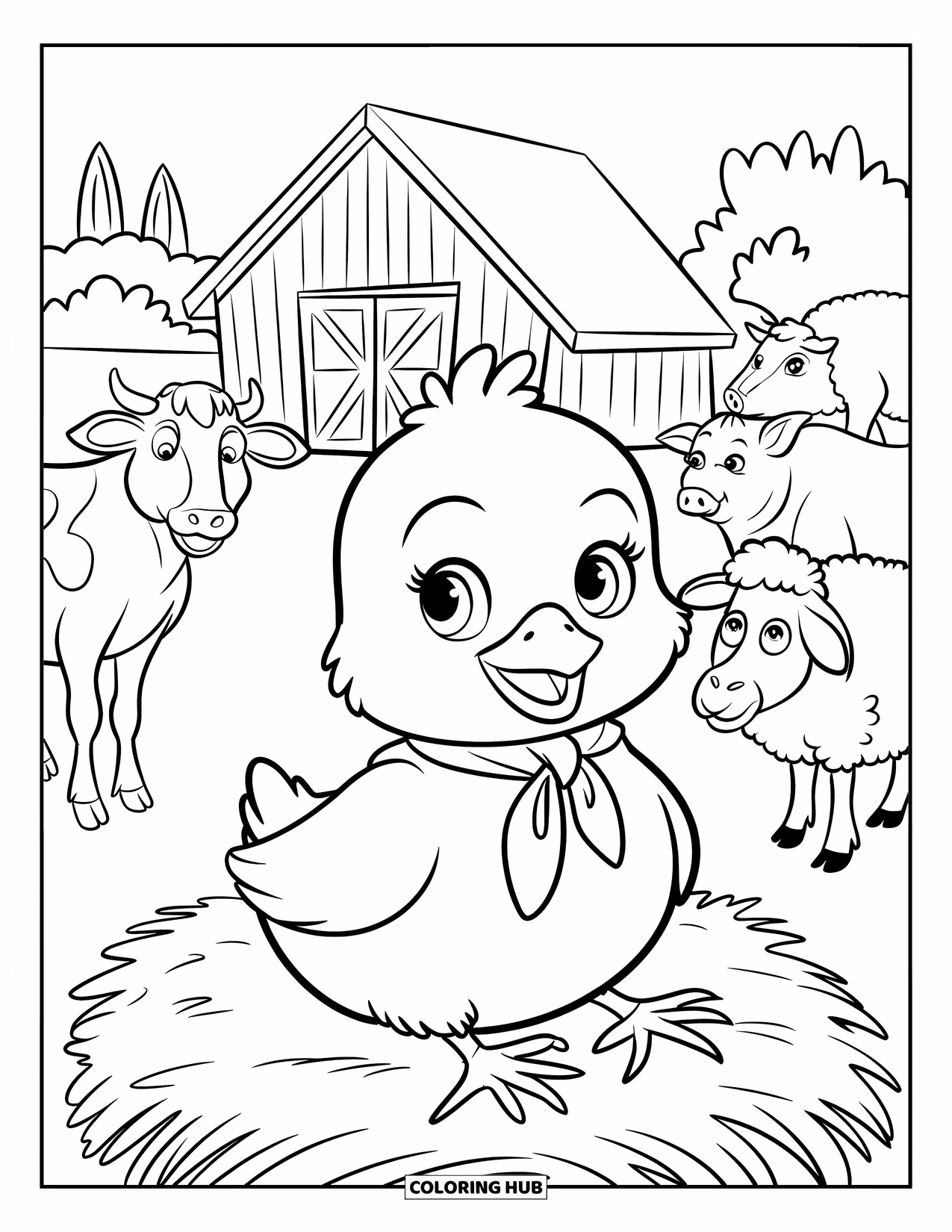 Kleurplaat Kuiken voor Kinderen: Een kuiken met een rode sjaal zit op hooi met een koe, een varken en een schaap in de buurt