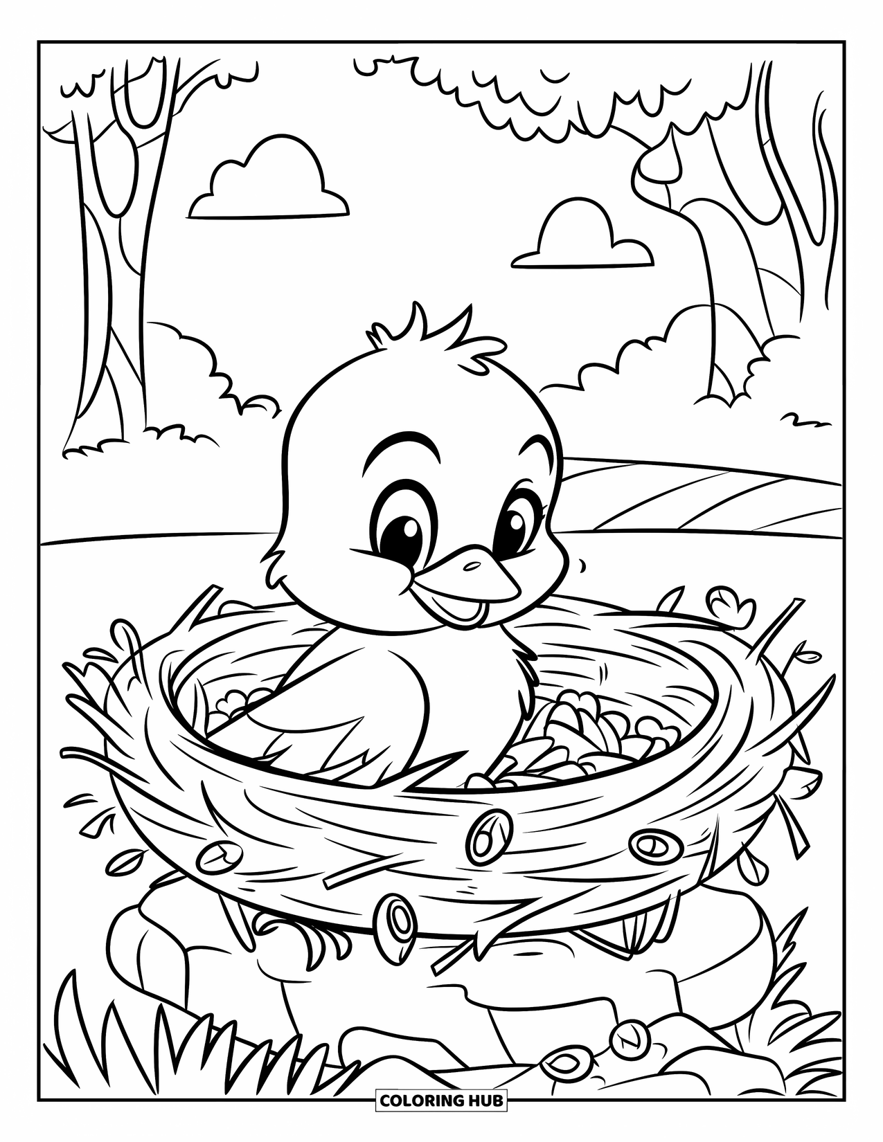 Kleurplaat Kuiken voor Kinderen: Een kuiken zit op een tak en bouwt een nest met takjes en pluizige wolken erboven