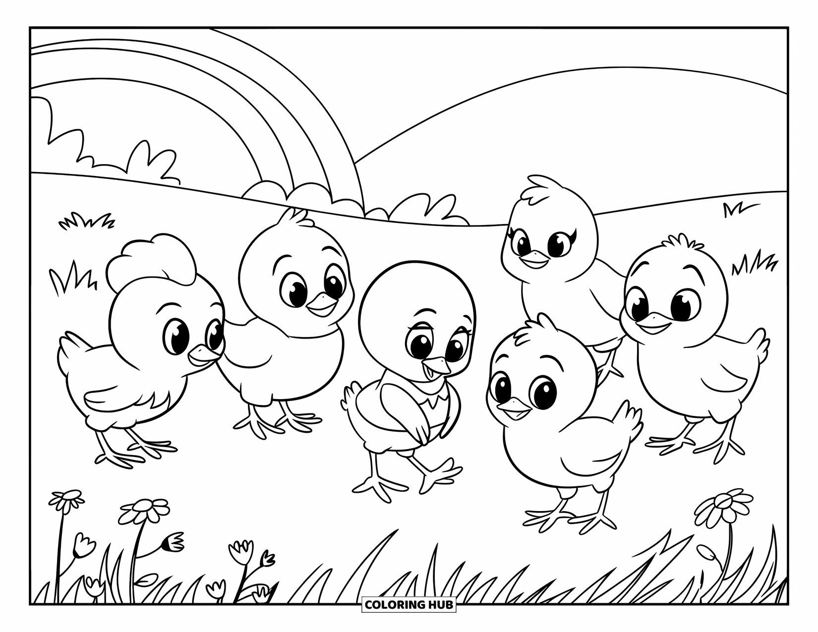 Kleurplaat Kuiken voor Kinderen: Een verkleed kuiken voegt zich bij een groep onder een regenboog in een rustige bloemenweide