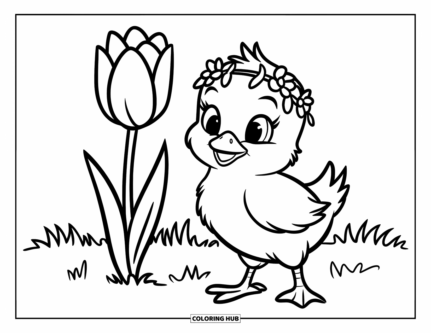 Kleurplaat Kuiken voor Kinderen: Een kuiken met een bloemenkroon staat in de buurt van een tulp met rode en witte bloemblaadjes