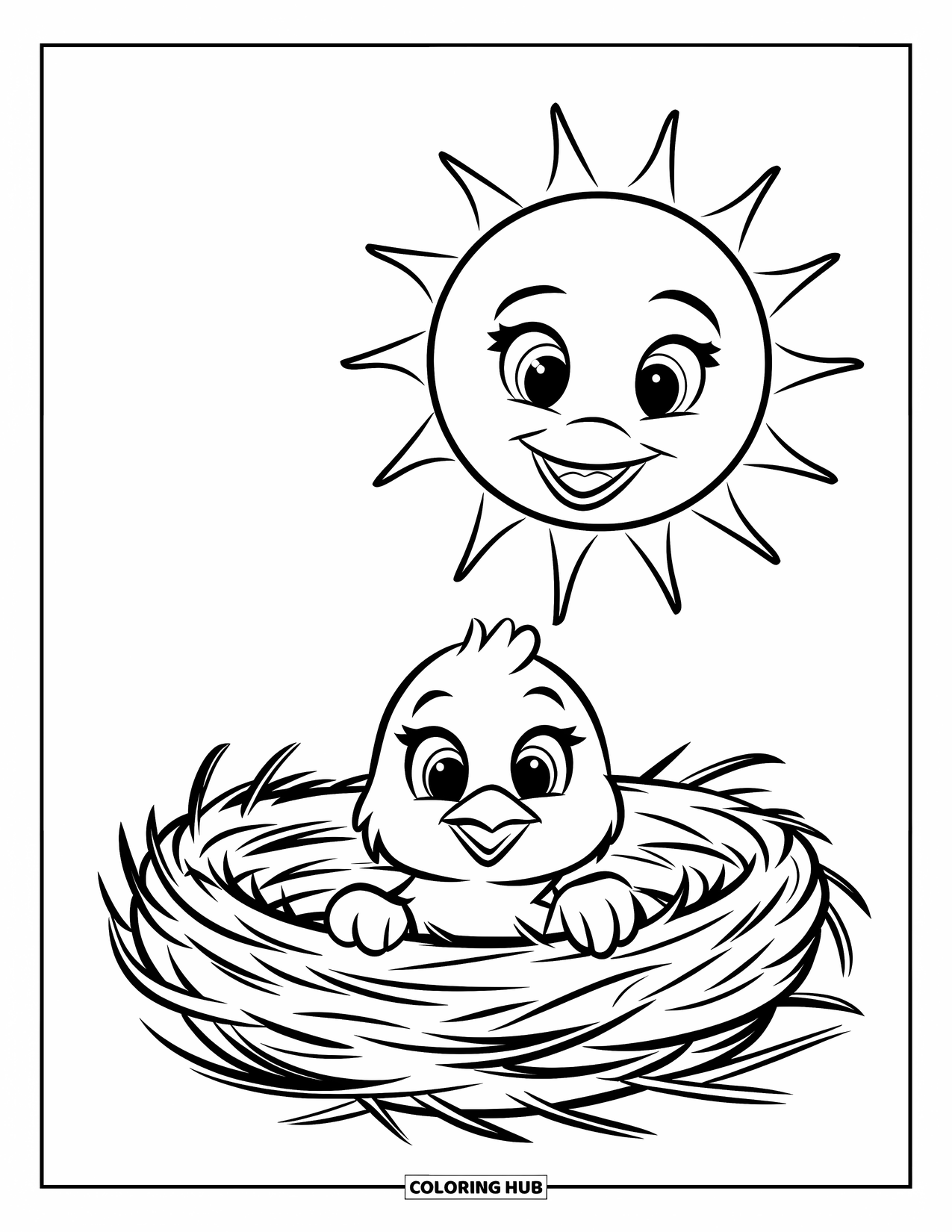 Kleurplaat Kuiken voor Kinderen: Een vrolijk kuiken piept uit een nest onder een heldere, lachende zon
