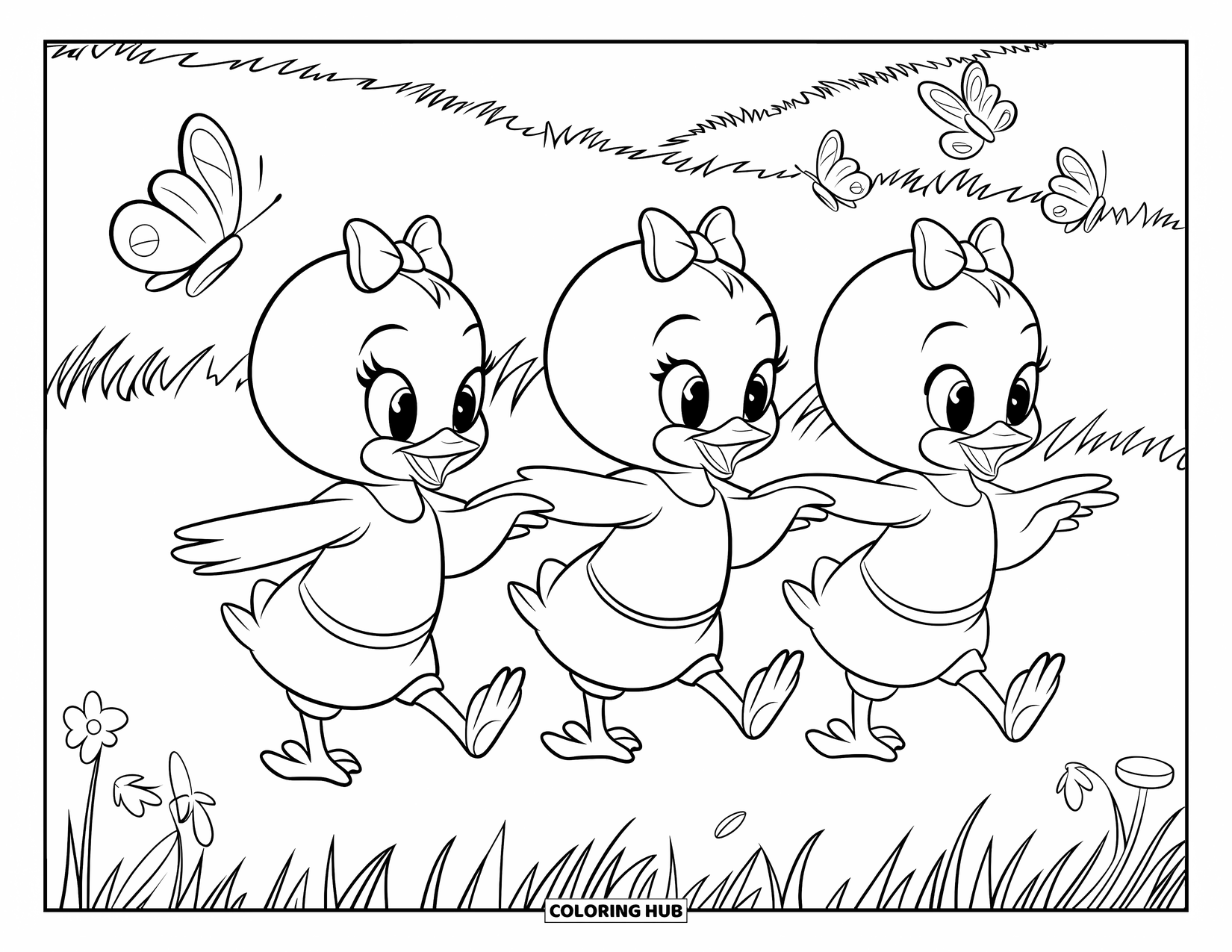 Kleurplaat Kuiken voor Kinderen: Een trio kuikens met strikken houdt elkaars hand vast terwijl ze vlinders achterna zitten in een veld