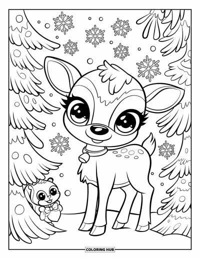 Coloriage de Noël pour adultes : Un jeune renne et un écureuil profitent d’une forêt enneigée remplie de flocons scintillants