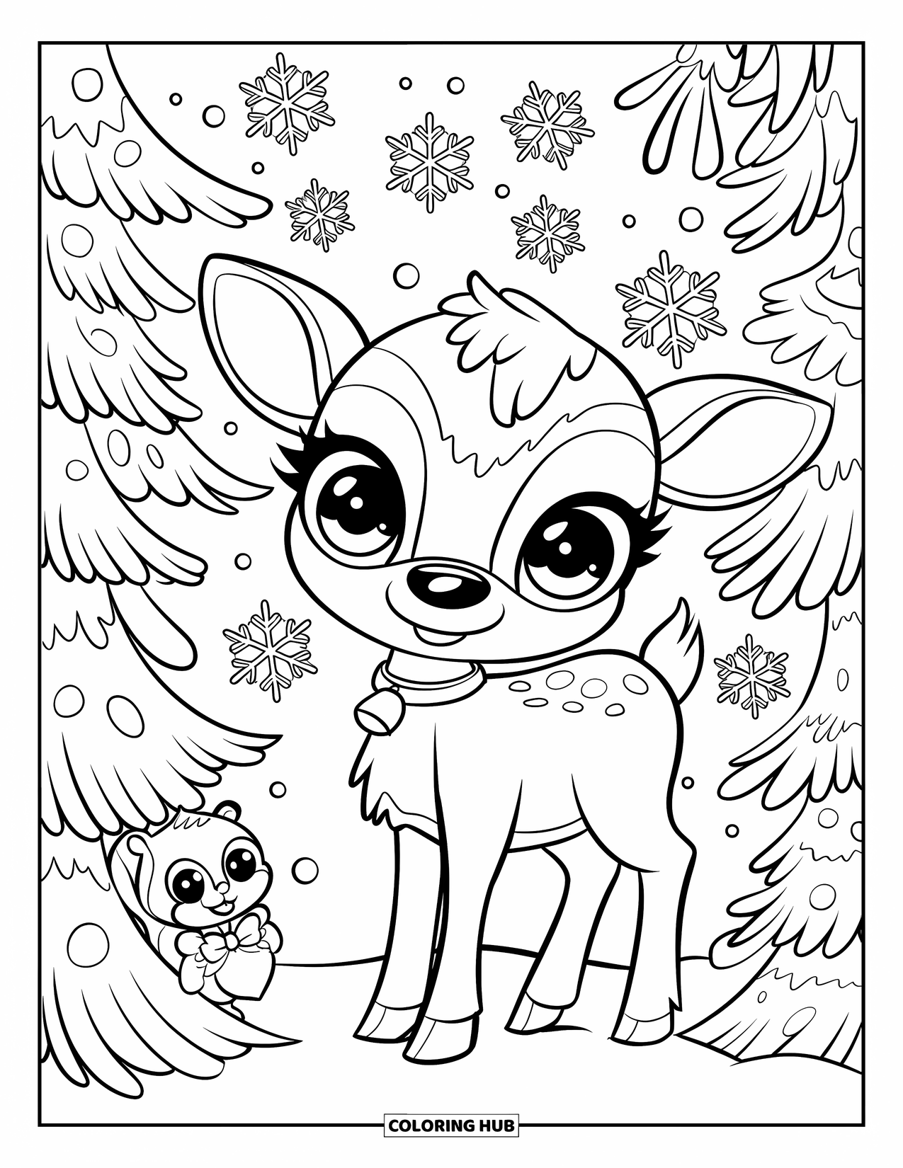 Weihnachts-Ausmalbild für Erwachsene: Ein Baby-Rentier und ein Eichhörnchen genießen einen verschneiten Wald voller funkelnder Schneeflocken