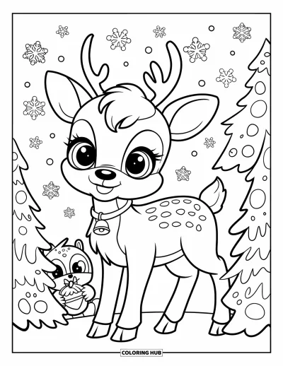 Coloriage de Noël pour adultes : Un jeune renne avec un petit collier à clochette se tient parmi des pins décorés