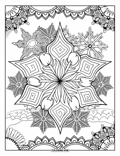 Coloriage de Noël pour adultes : Un mandala de flocon de neige joliment composé avec des motifs d’hiver délicats et symétriques