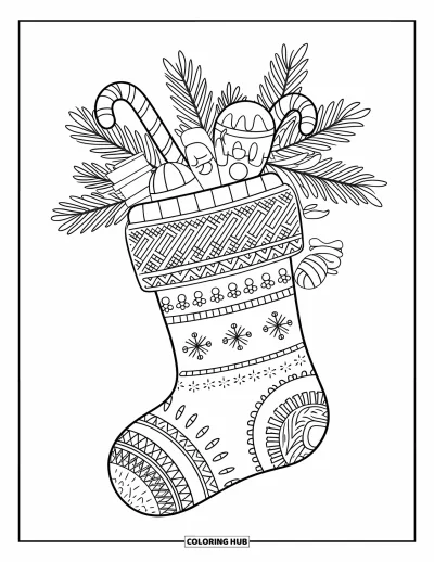 Coloriage de Noël pour adultes : Une chaussette de Noël magnifiquement décorée, remplie de jouets, de cannes en sucre d’orge et de branches de pin