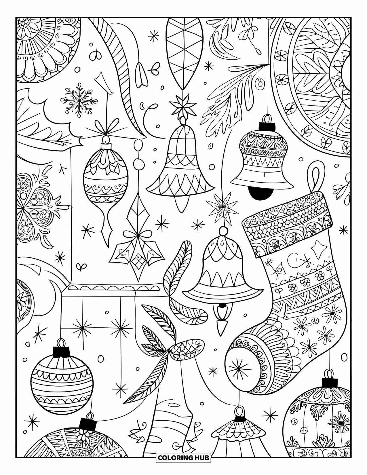 Weihnachts-Ausmalbild für Erwachsene: Eine wunderschön detaillierte Collage aus Weihnachtssocken, Geschenkboxen und Schneeflocken in einem festlichen Design