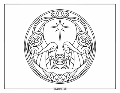Coloriage de Noël pour adultes : Une scène de la Nativité joliment encadrée avec des volutes et des détails de Noël délicats