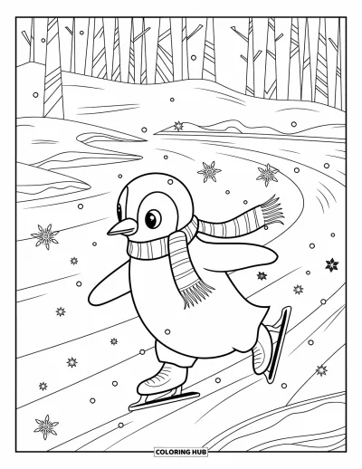 Coloriage de Noël pour adultes : Un pingouin bien emmitouflé tourne sur un étang gelé, entouré de flocons de neige