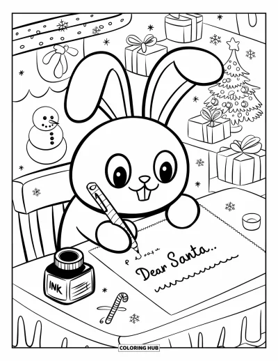 Coloriage de Noël pour adultes : Un lapin aux oreilles tombantes écrit soigneusement une lettre de Noël au Père Noël à une petite table
