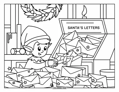 Coloriage de Noël pour adultes : Un elfe affairé vérifie les lettres du Père Noël dans une salle de courrier chaleureuse et décorée