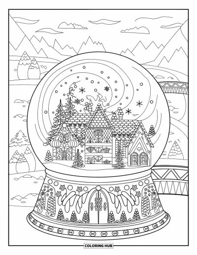 Coloriage de Noël pour adultes : Un charmant village de Noël dans une boule à neige, entouré de flocons tourbillonnants