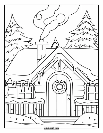 Coloriage de Noël pour adultes : Un charmant chalet d’hiver entouré d’arbres enneigés, avec de la fumée qui s’élève de la cheminée