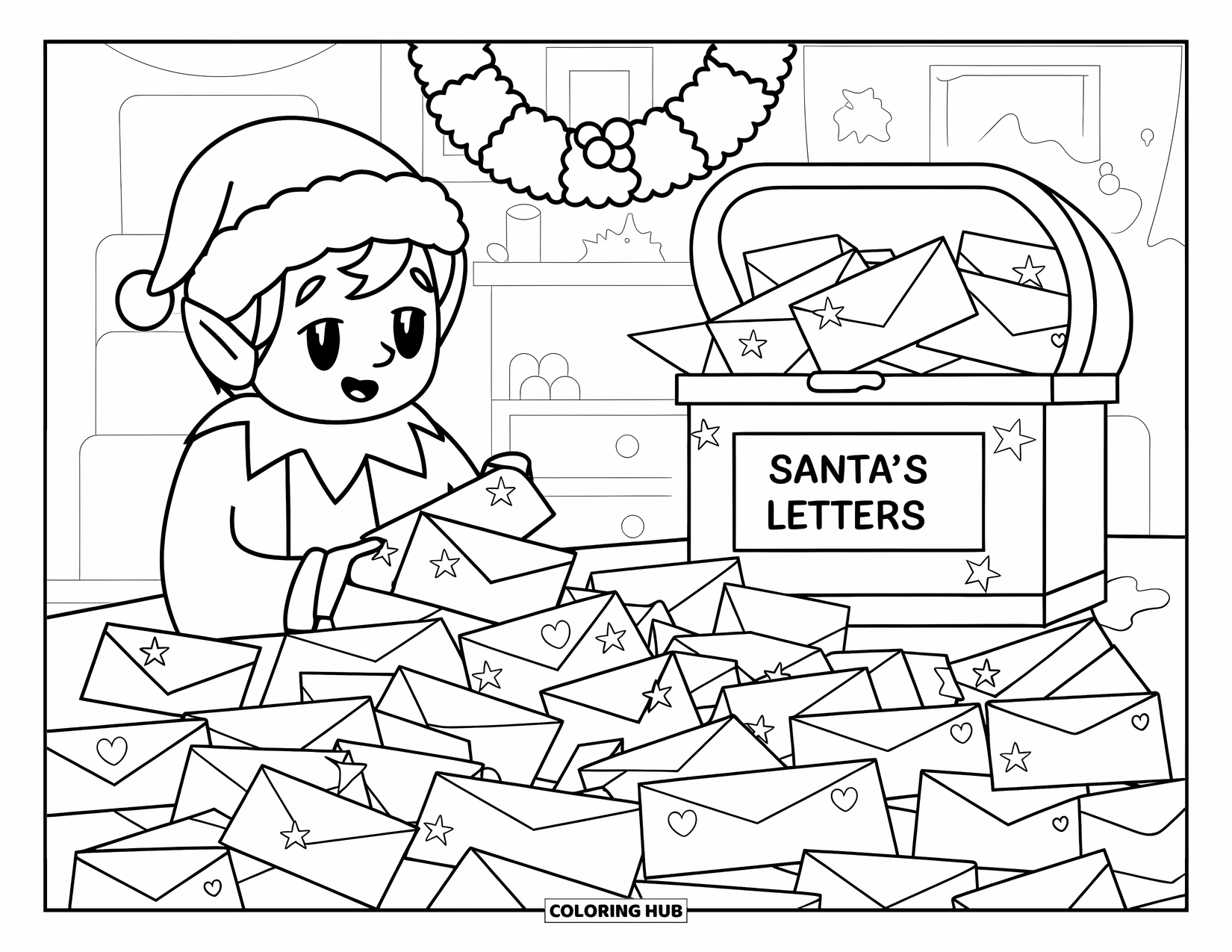 Weihnachts-Ausmalbild für Erwachsene: Ein fröhlicher Elf sortiert einen Stapel Weihnachtsmannbriefe, die mit Sternen und Herzen gestempelt sind