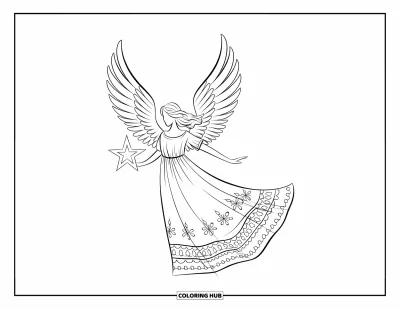 Coloriage de Noël pour adultes : Un ange de Noël aux ailes magnifiquement détaillées se tient sur un nuage en tenant une étoile lumineuse