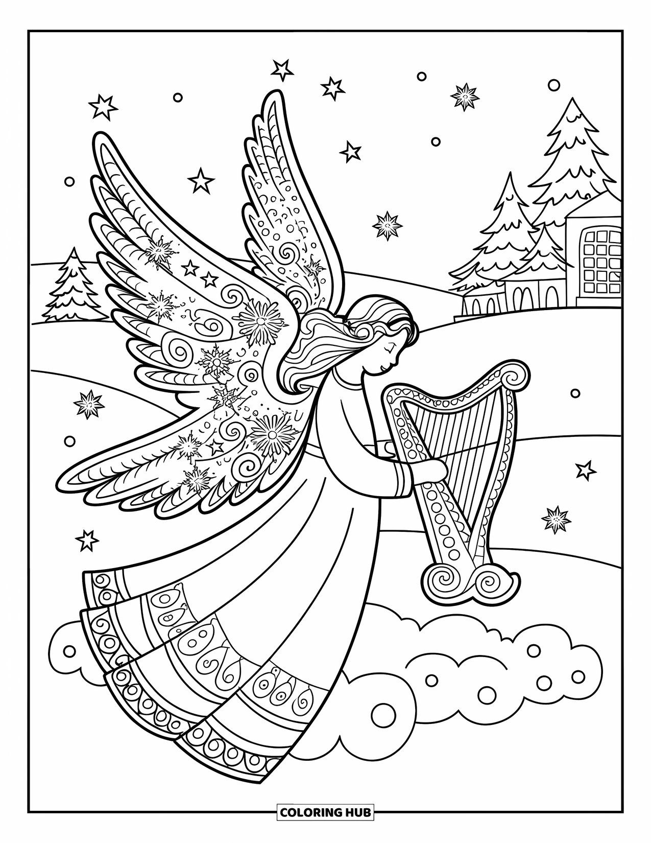 Weihnachts-Ausmalbild für Erwachsene: Ein Weihnachtsengel mit verzierten Flügeln und einer Harfe, der über einer verschneiten Landschaft schwebt
