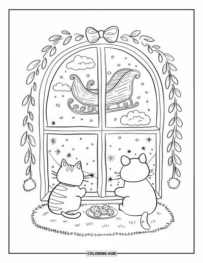 Coloriage de Noël pour adultes : Un chat et un chien potelés regardent par la fenêtre le traîneau du Père Noël la veille de Noël