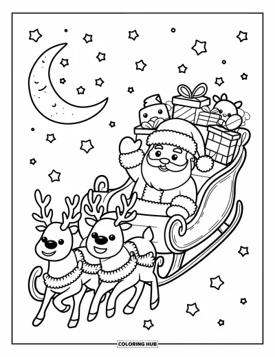 Coloriage de Noël pour adultes : Un Père Noël dodu traverse une nuit étoilée dans son traîneau en saluant avec joie