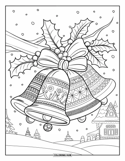 Coloriage de Noël pour adultes : Une collection de cloches de Noël détaillées attachées de rubans et de houx, suspendues à une branche