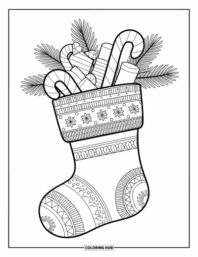 Coloriage de Noël pour adultes : Une chaussette de Noël confortable ornée de motifs festifs, remplie de cadeaux et de verdure d’hiver