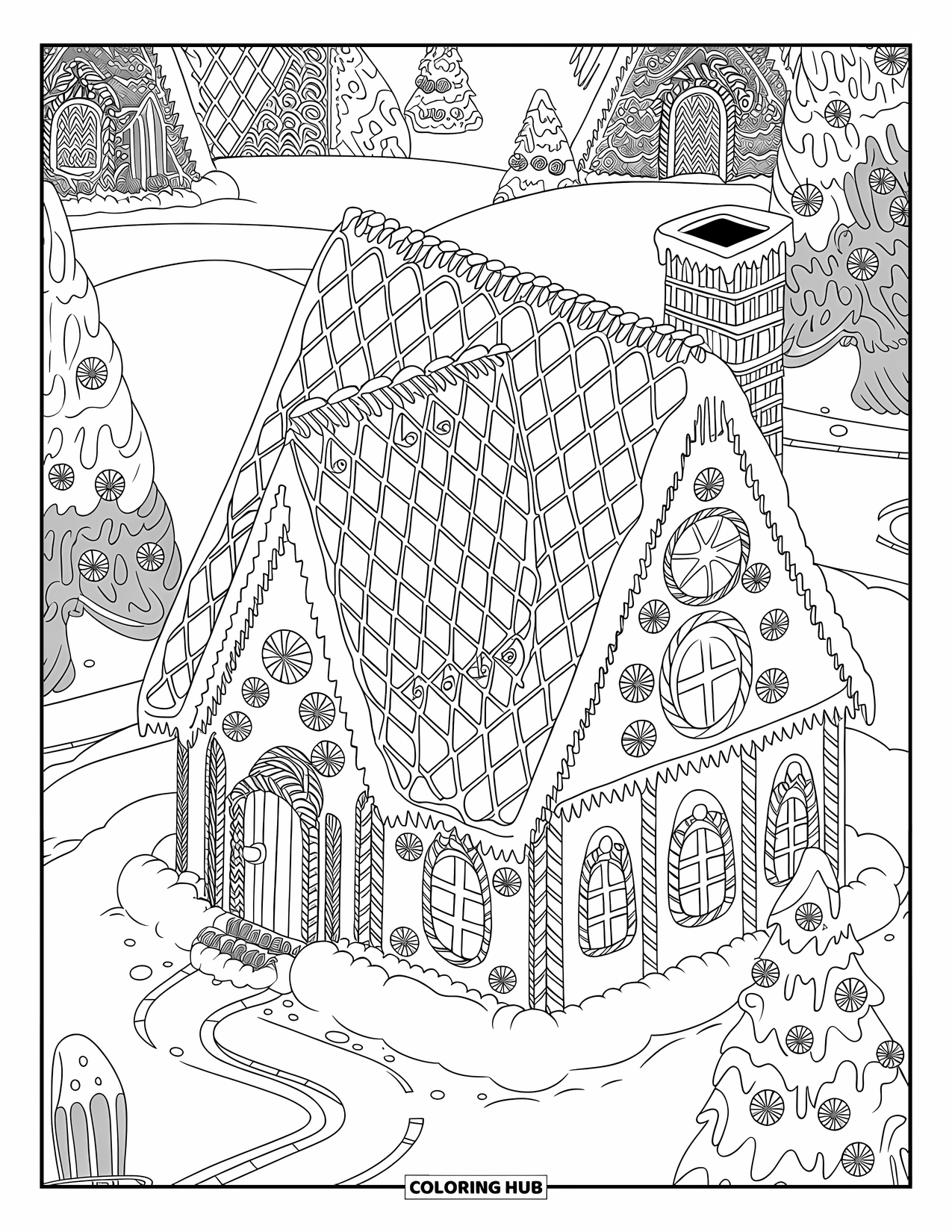 Weihnachts-Ausmalbild für Erwachsene: Ein gemütliches Lebkuchenhaus mit Zuckerstangenzäunen, Gummibärchen-Dächern und filigranen Zuckergussverzierungen