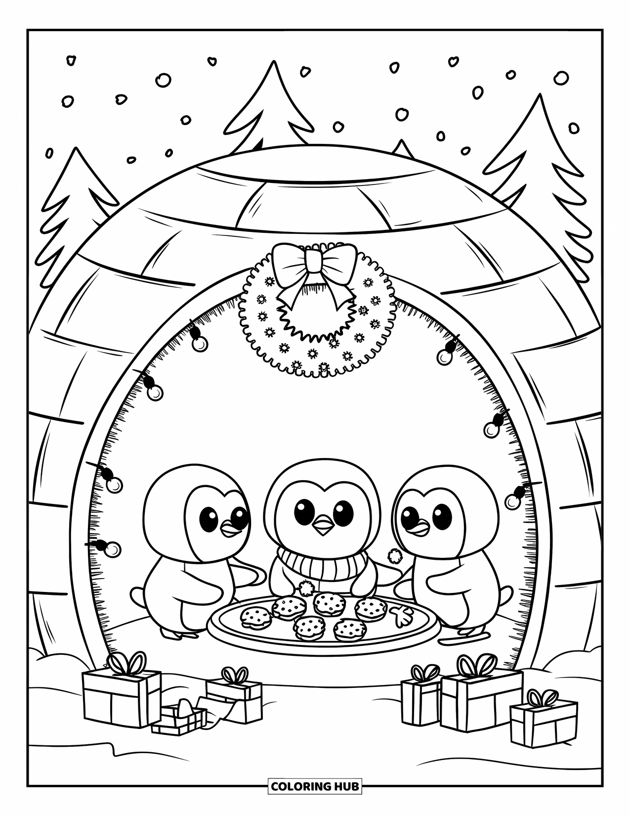 Weihnachts-Ausmalbild für Erwachsene: Ein gemütliches Iglu mit Lichterketten, in dem sich Pinguine zu Keksen und Weihnachtsspaß versammeln