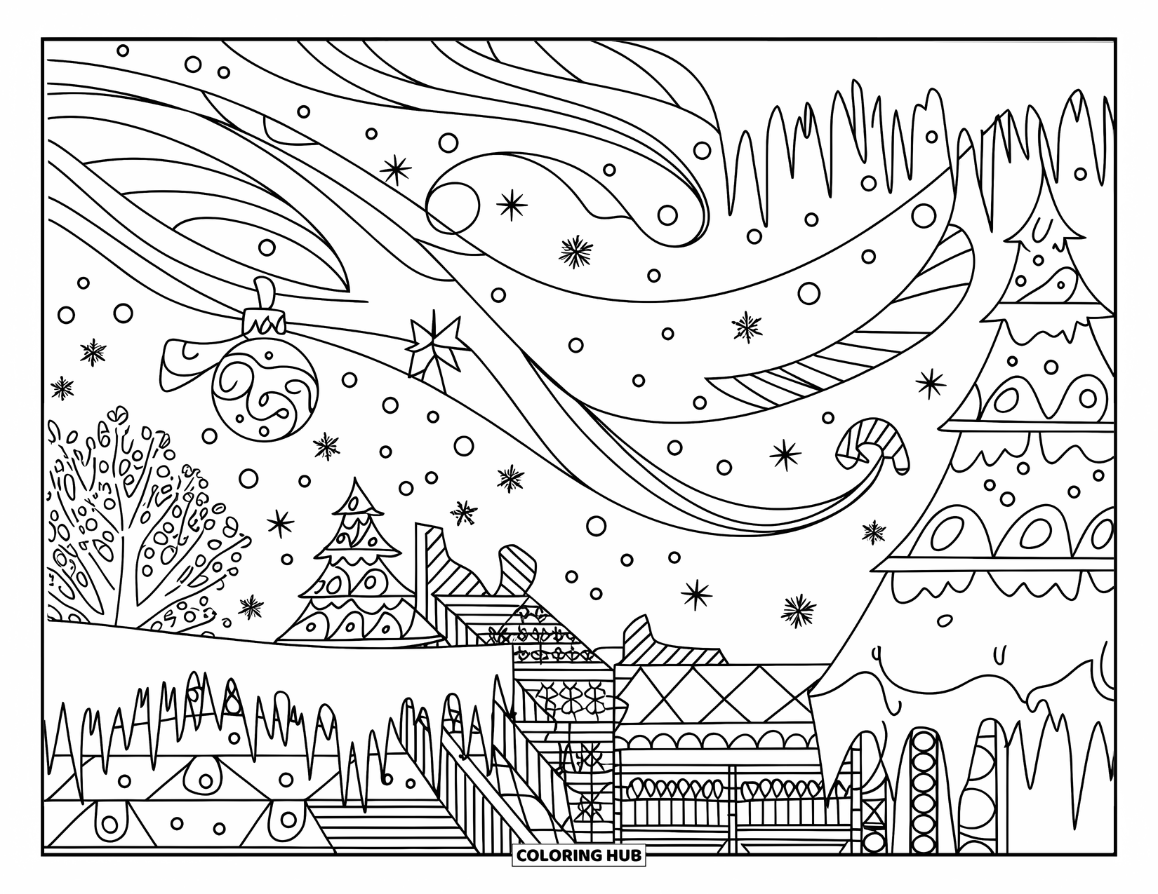 Weihnachts-Ausmalbild für Erwachsene: Eine gemütliche Stadt, die mit Schnee bedeckt ist, mit geschmückten Bäumen und frostigen Dächern