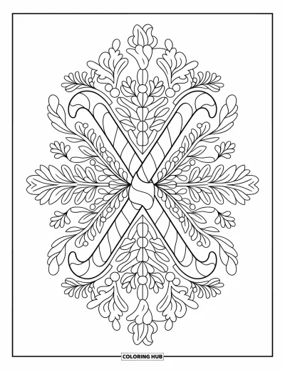 Coloriage de Noël pour adultes : Un motif décoratif de gui, de houx et de cannes en sucre d’orge dans un style inspiré de Noël