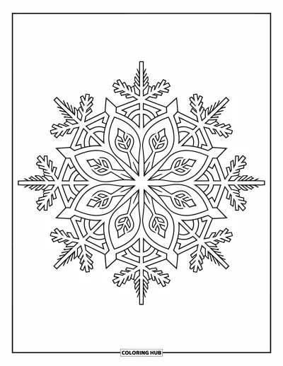 Coloriage de Noël pour adultes : Un mandala détaillé de flocons uniques arrangés en motif apaisant et symétrique