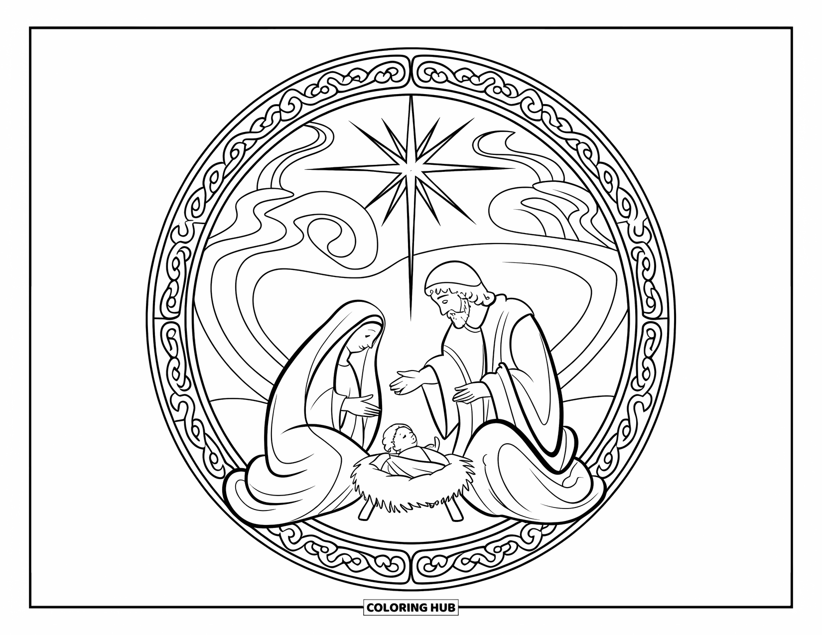 Weihnachts-Ausmalbild für Erwachsene: Eine detaillierte Krippenszene in einem verzierten Rahmen mit Maria, Josef und dem Jesuskind