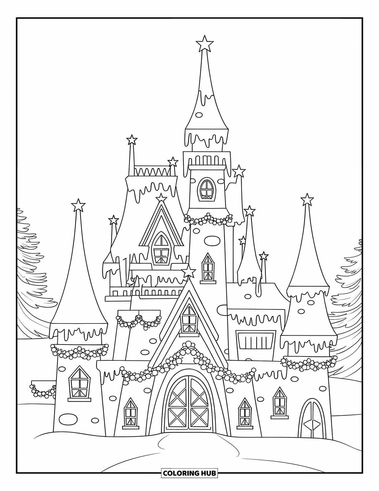 Weihnachts-Ausmalbild für Erwachsene: Ein Fantasy-Weihnachtsschloss mit eisbedeckten Türmen und leuchtender Weihnachtsdekoration