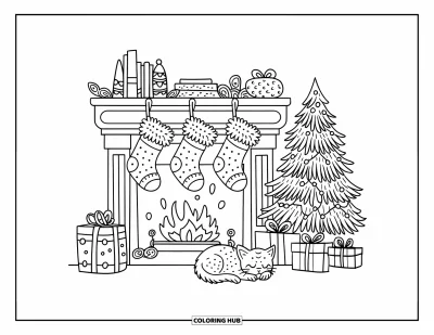Coloriage de Noël pour adultes : Une scène de cheminée festive avec des chaussettes, un sapin de Noël et un chaton roulé en boule à côté
