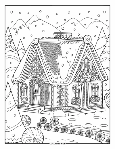 Coloriage de Noël pour adultes : Une maison en pain d’épices festive avec glaçage givré, détails en bonbons et entrée chaleureuse
