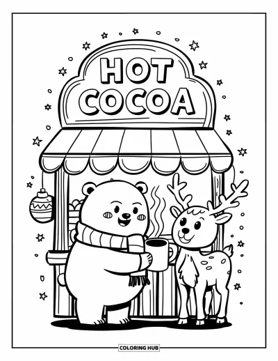 Coloriage de Noël pour adultes : Un stand de chocolat chaud festif avec des étoiles scintillantes et un auvent rayé canne en sucre d’orge