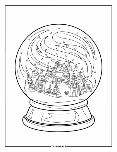 Coloriage de Noël pour adultes : Une boule à neige festive remplie d’un village d’hiver chaleureux et de lumières de fête scintillantes