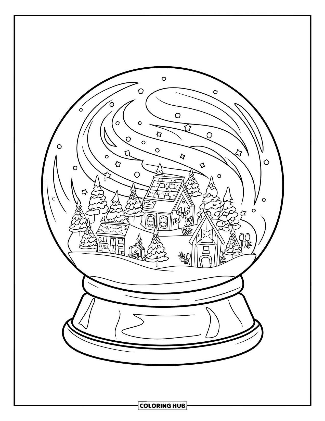 Weihnachts-Ausmalbild für Erwachsene: Eine festliche Schneekugel, gefüllt mit einem gemütlichen Winterdorf und funkelnden Weihnachtslichtern